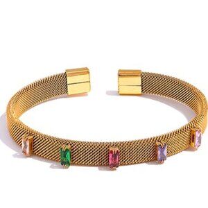 💙 Gold Plated PVD Stainless Steel Mesh Bangle with Multi Coloured Cubic Zi…